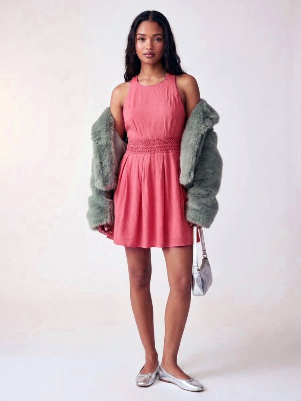 NEW UO X Kimchi Blue - Coral Fiona Lace Waist Fit & Flare Open Back Dress